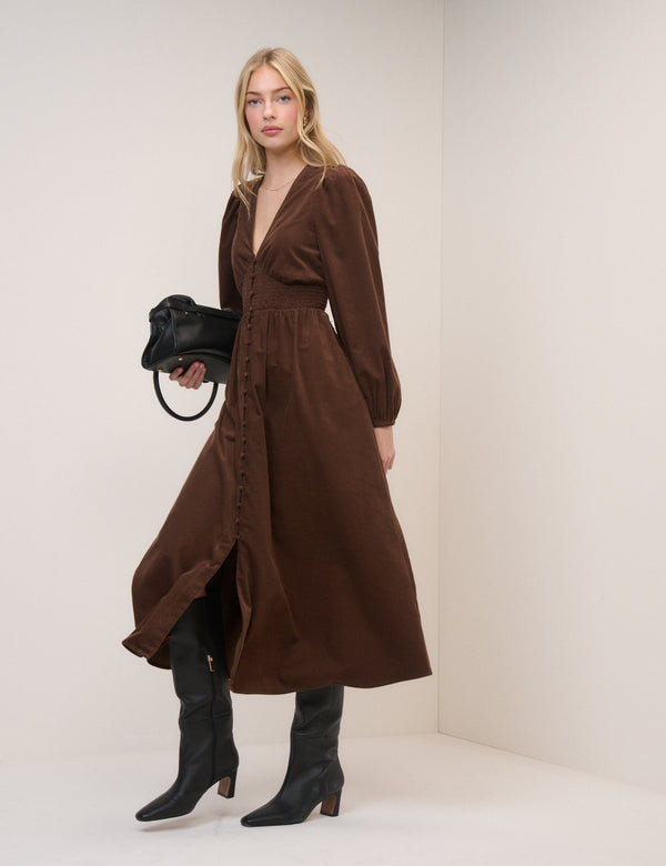 Brown Cord Shirred Riley Midi Dress