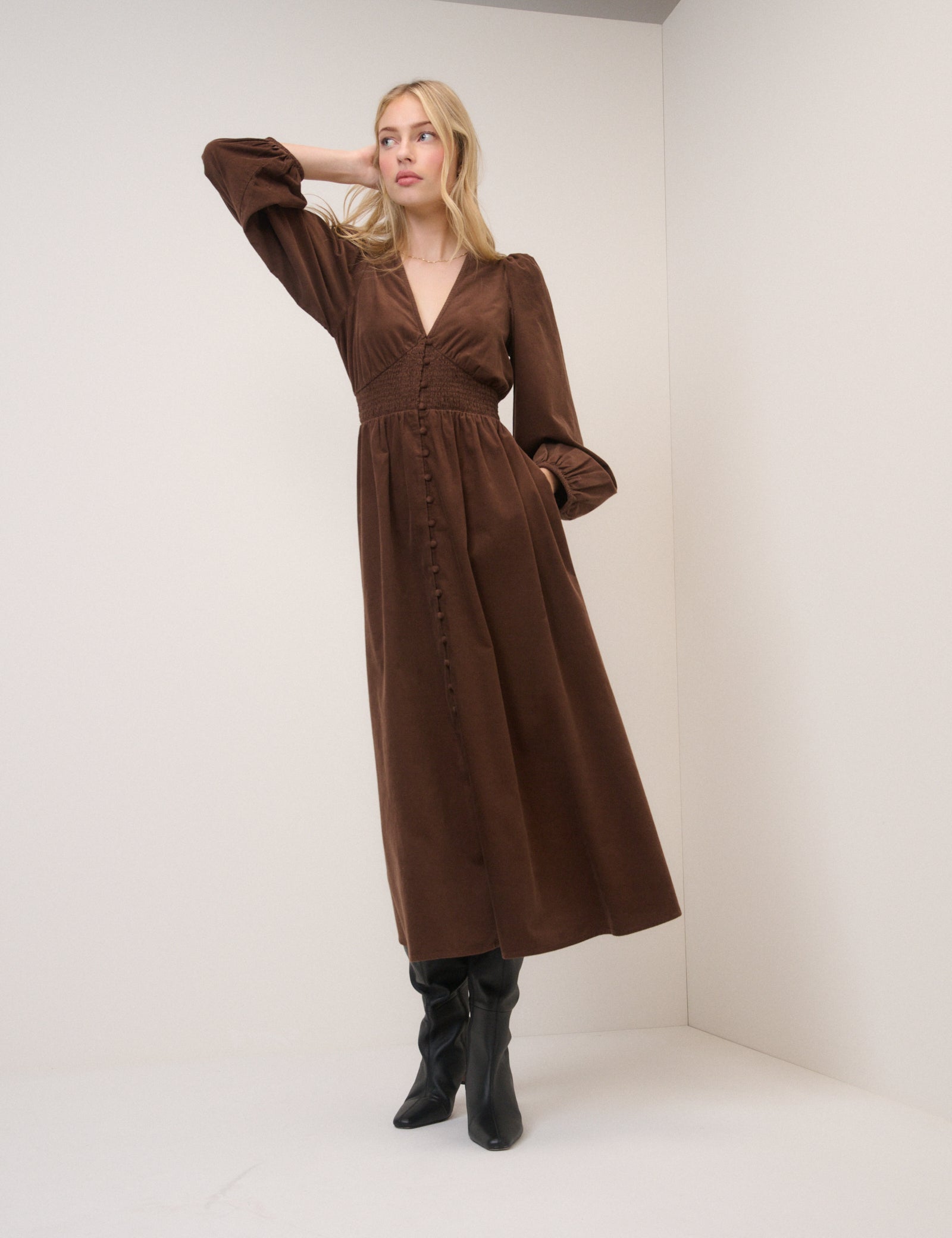brown shirred midi dress Avalon Shirred Bodice Spaghetti Strap Midi Dress