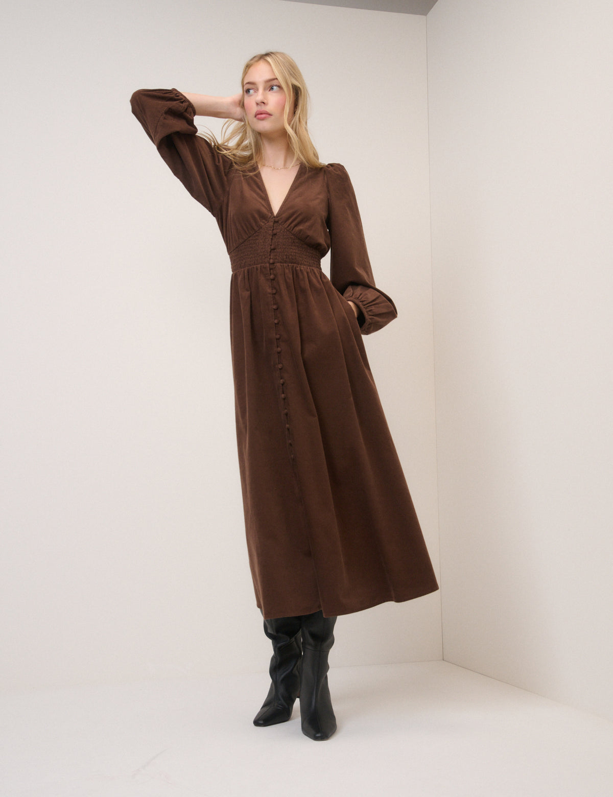 Brown Cord Shirred Riley Midi Dress