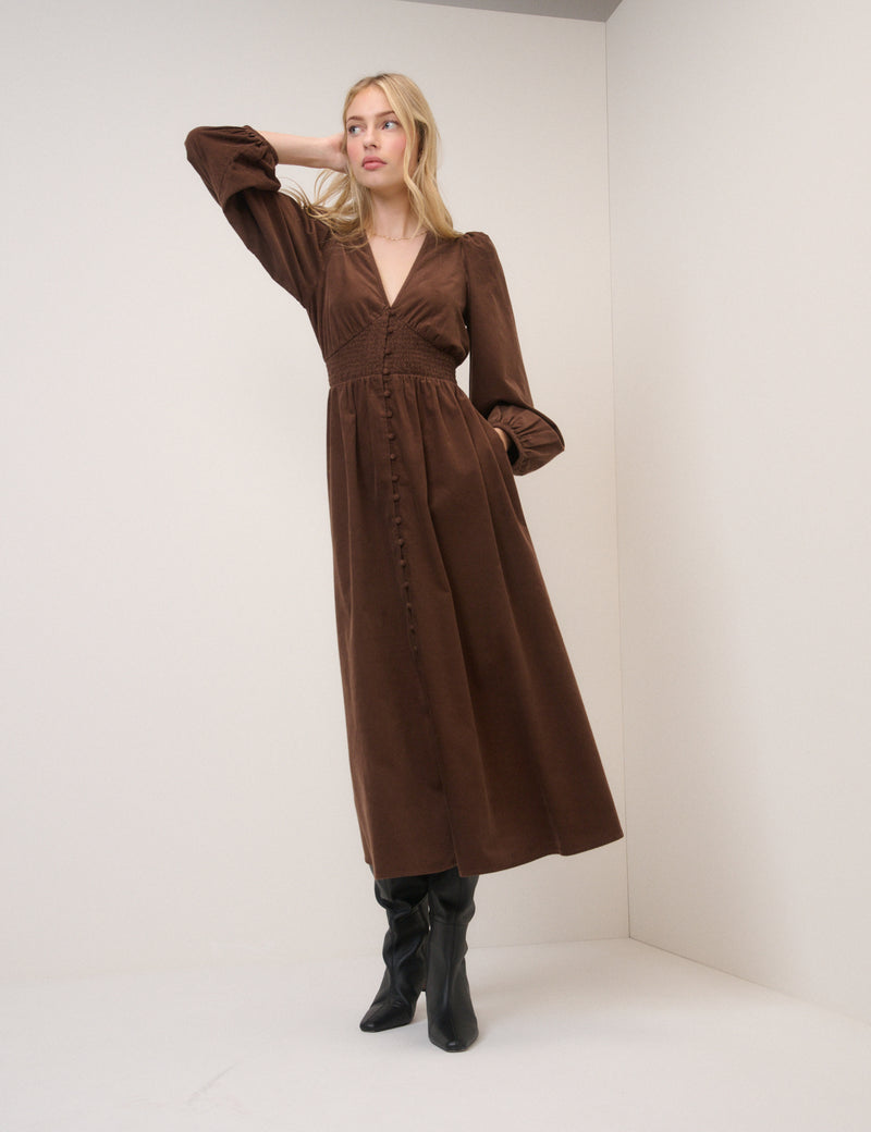 Brown Cord Shirred Riley Midi Dress