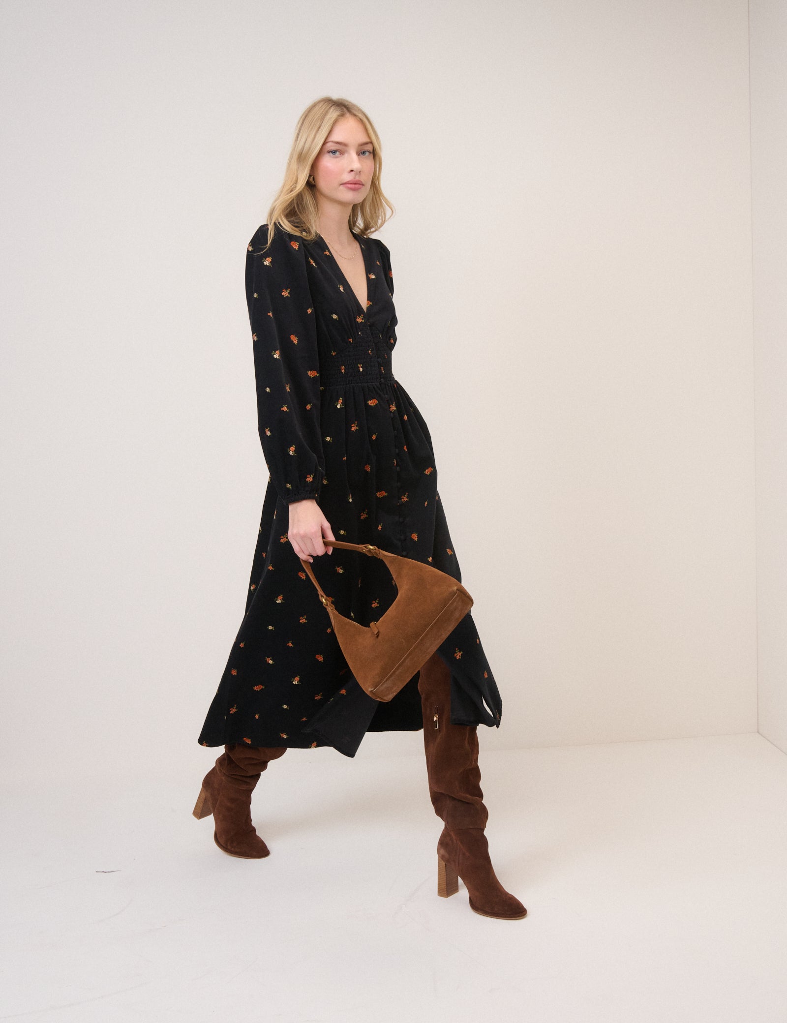 Black Cord Floral Riley Shirred Waist Midi Dress Black Cord Floral Riley Shirred Waist Midi Dress