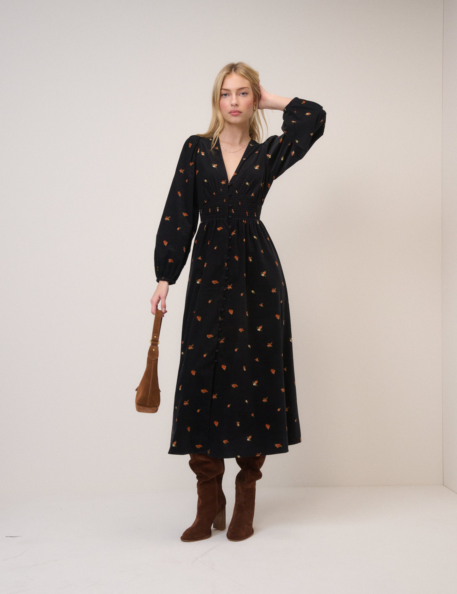 Black Cord Floral Riley Shirred Waist Midi Dress Black Cord Floral Riley Shirred Waist Midi Dress