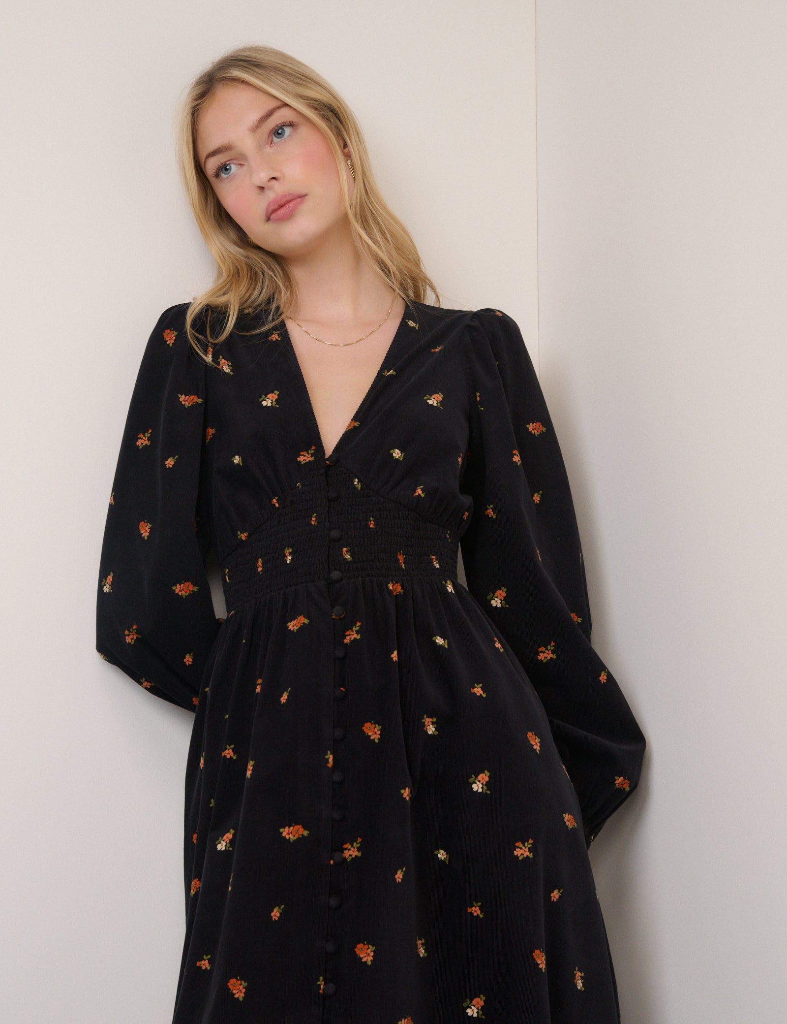 Black Cord Floral Riley Shirred Waist Midi Dress