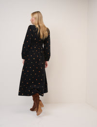 Black Cord Floral Riley Shirred Waist Midi Dress