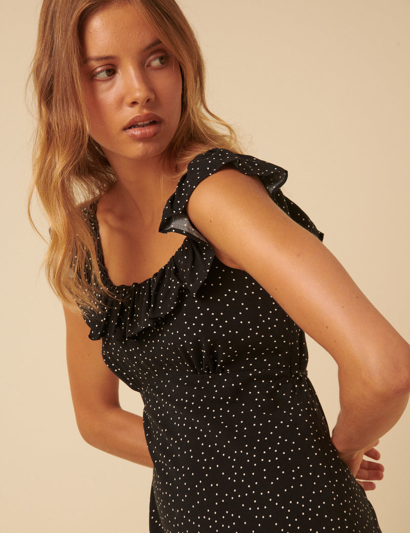 Black Polka Dot Ruffle Trim Libby Midi Dress