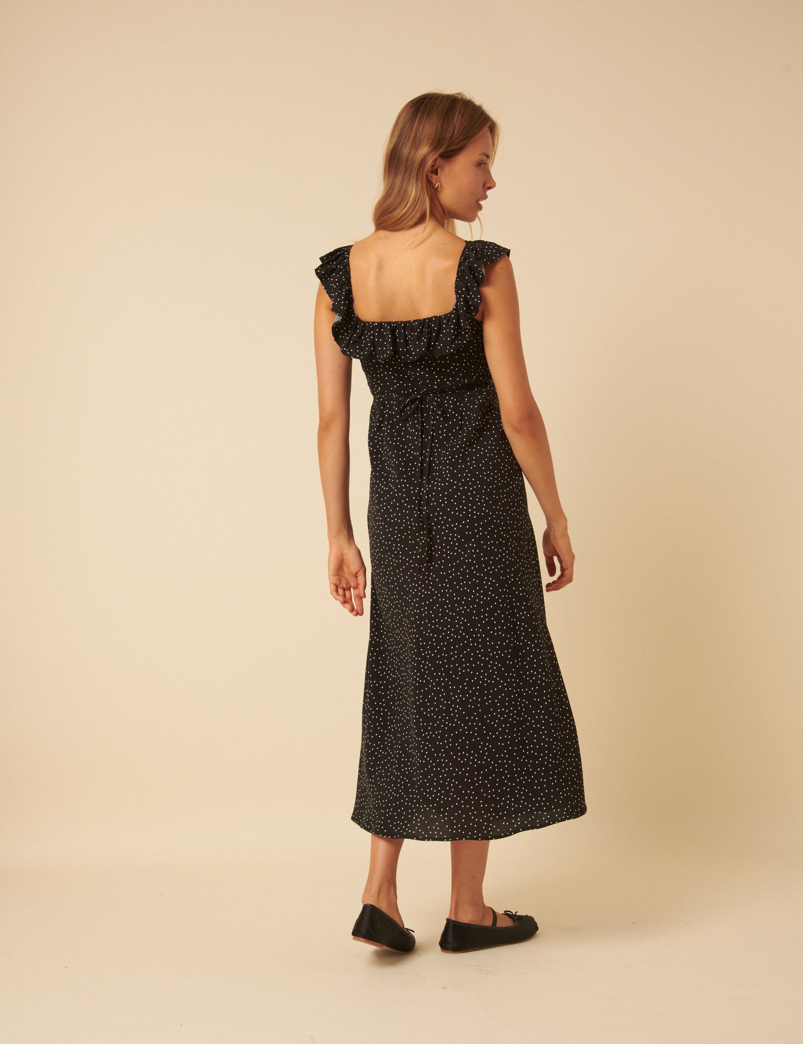 Black Polka Dot Round Neck Libby Midi Dress