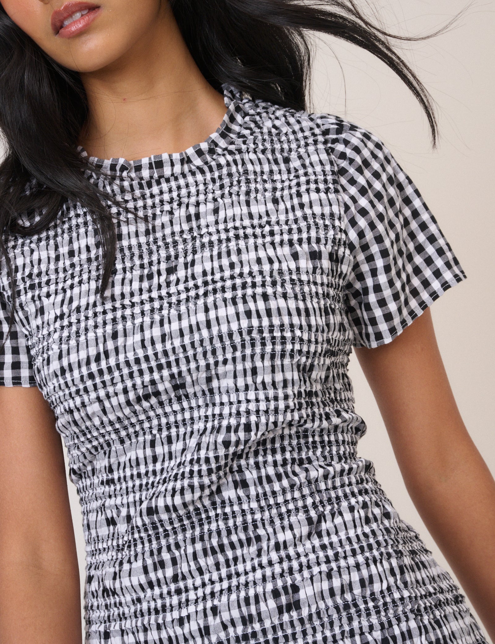 Black Gingham Shirred Martha Mini Dress Black Gingham Shirred Martha Mini Dress