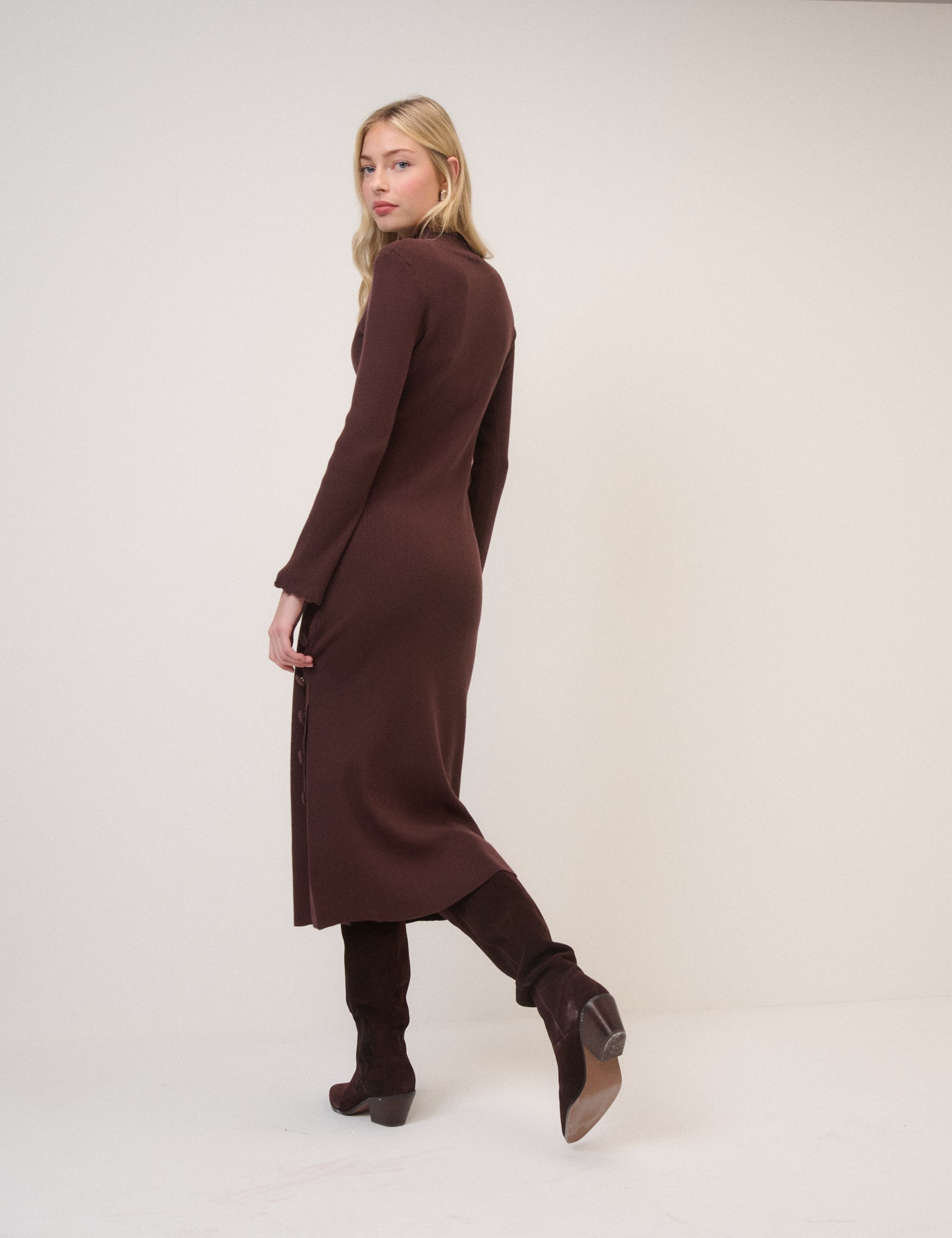 Chocolate Brown Side Button Ribbed Midi Dress