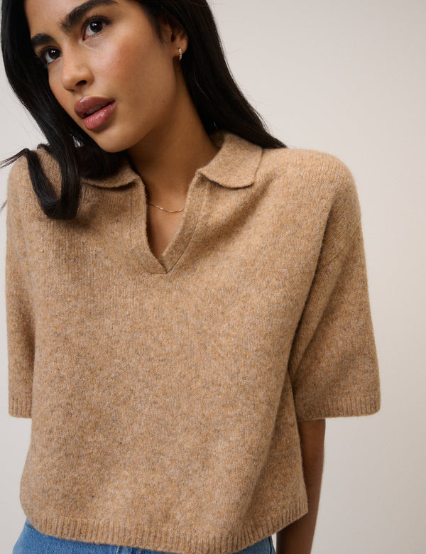 Brown Open Collar Polo Knitted T-Shirt