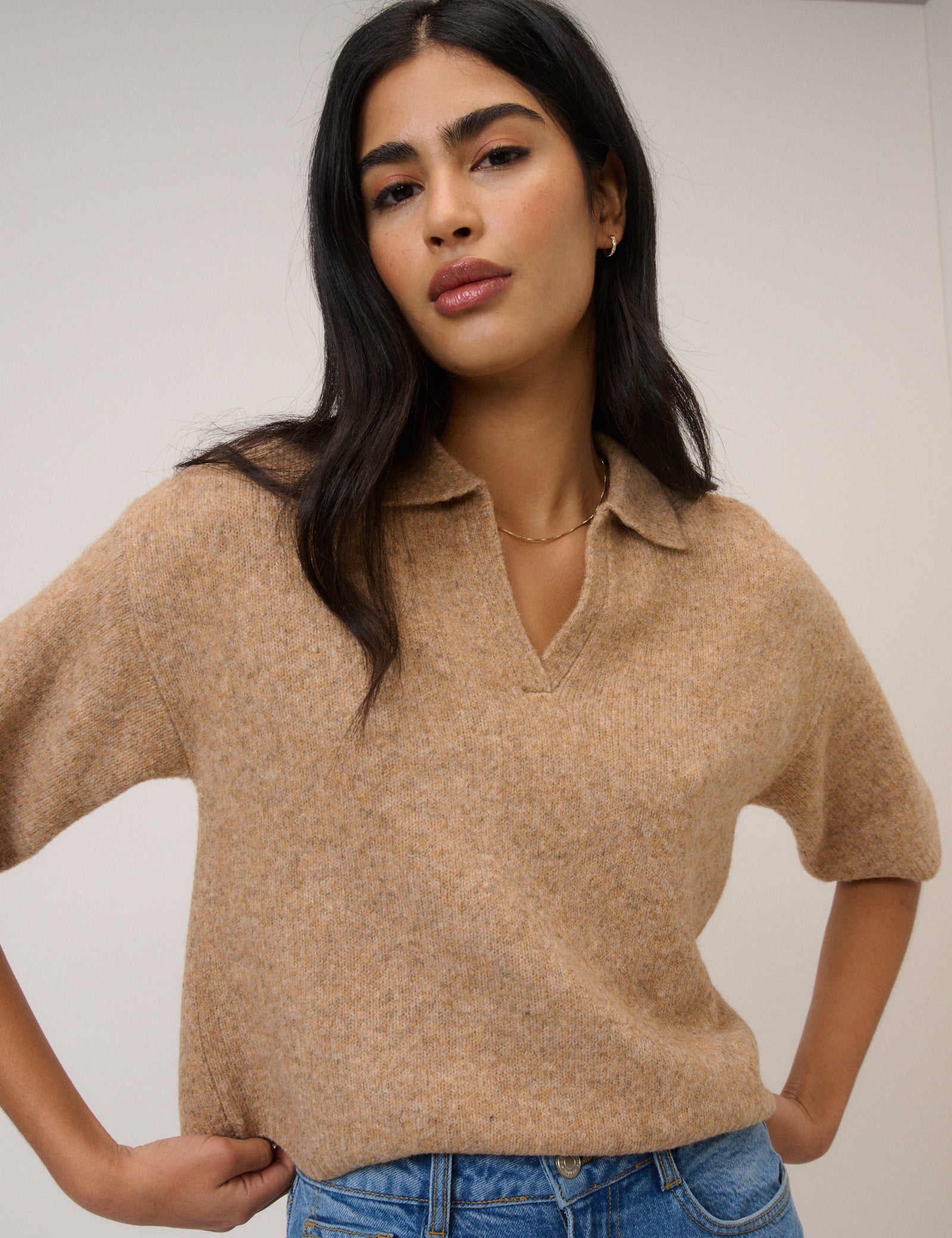 Brown Open Collar Polo Knitted T-Shirt