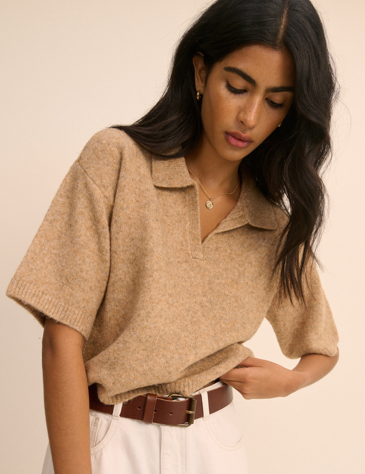 Brown Open Collar Polo Knitted T-Shirt