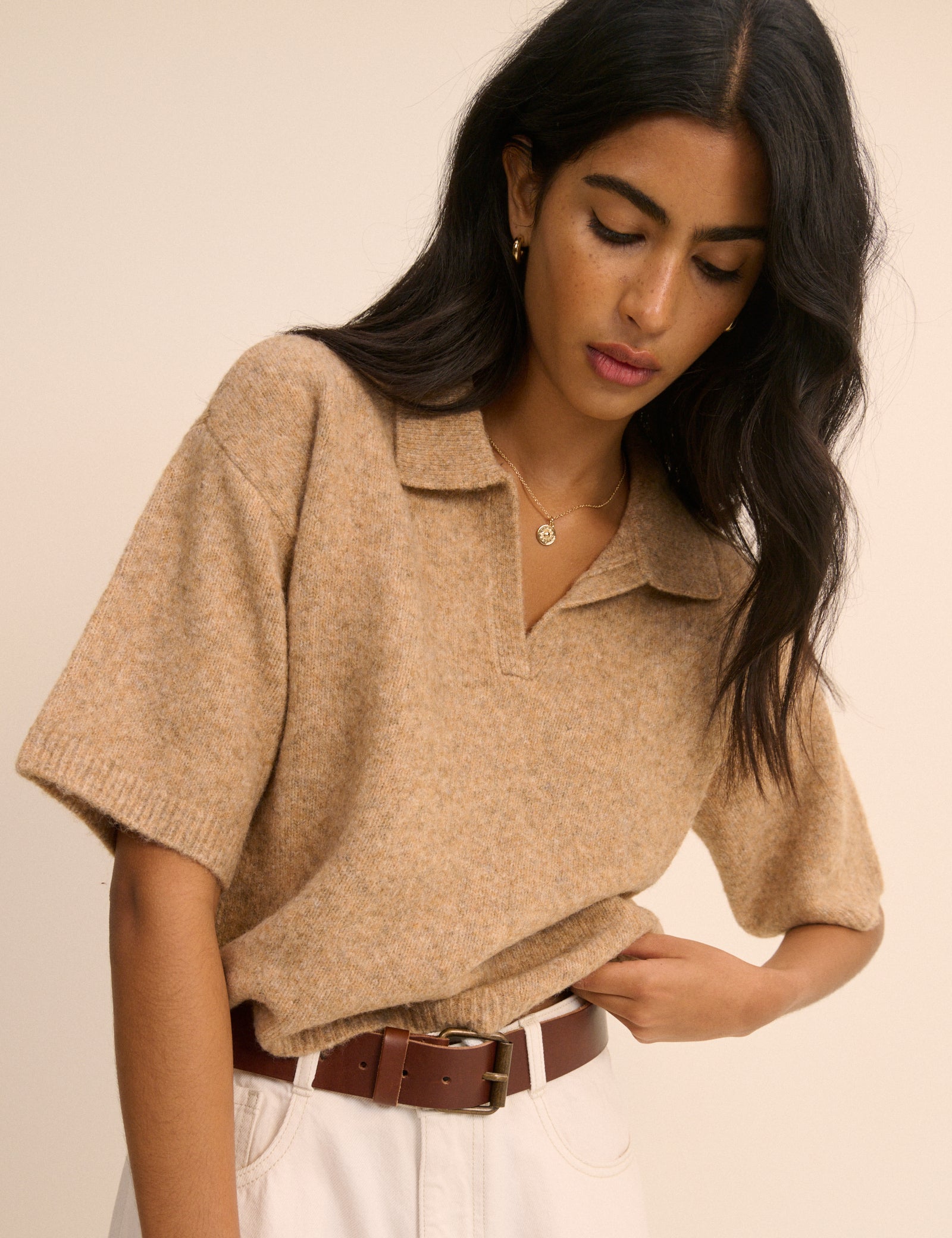 Brown Open Collar Polo Knitted T-Shirt