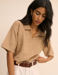 Brown Open Collar Polo Knitted T-Shirt