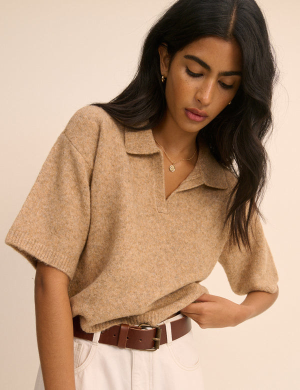 Brown Open Collar Polo Knitted T-Shirt