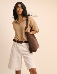 Brown Open Collar Polo Knitted T-Shirt