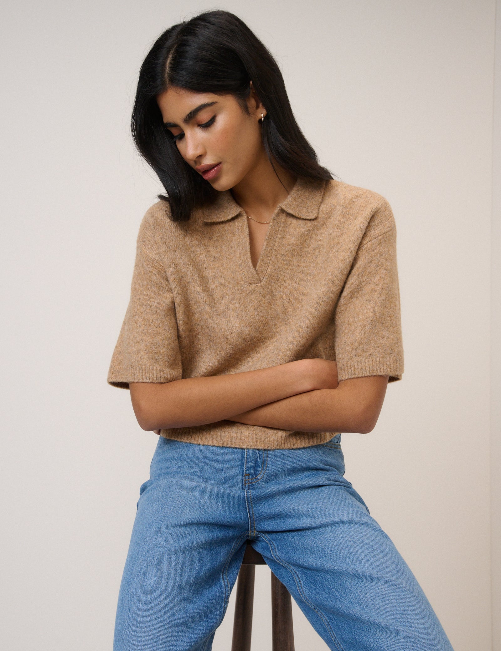 Brown Open Collar Polo Knitted T-Shirt