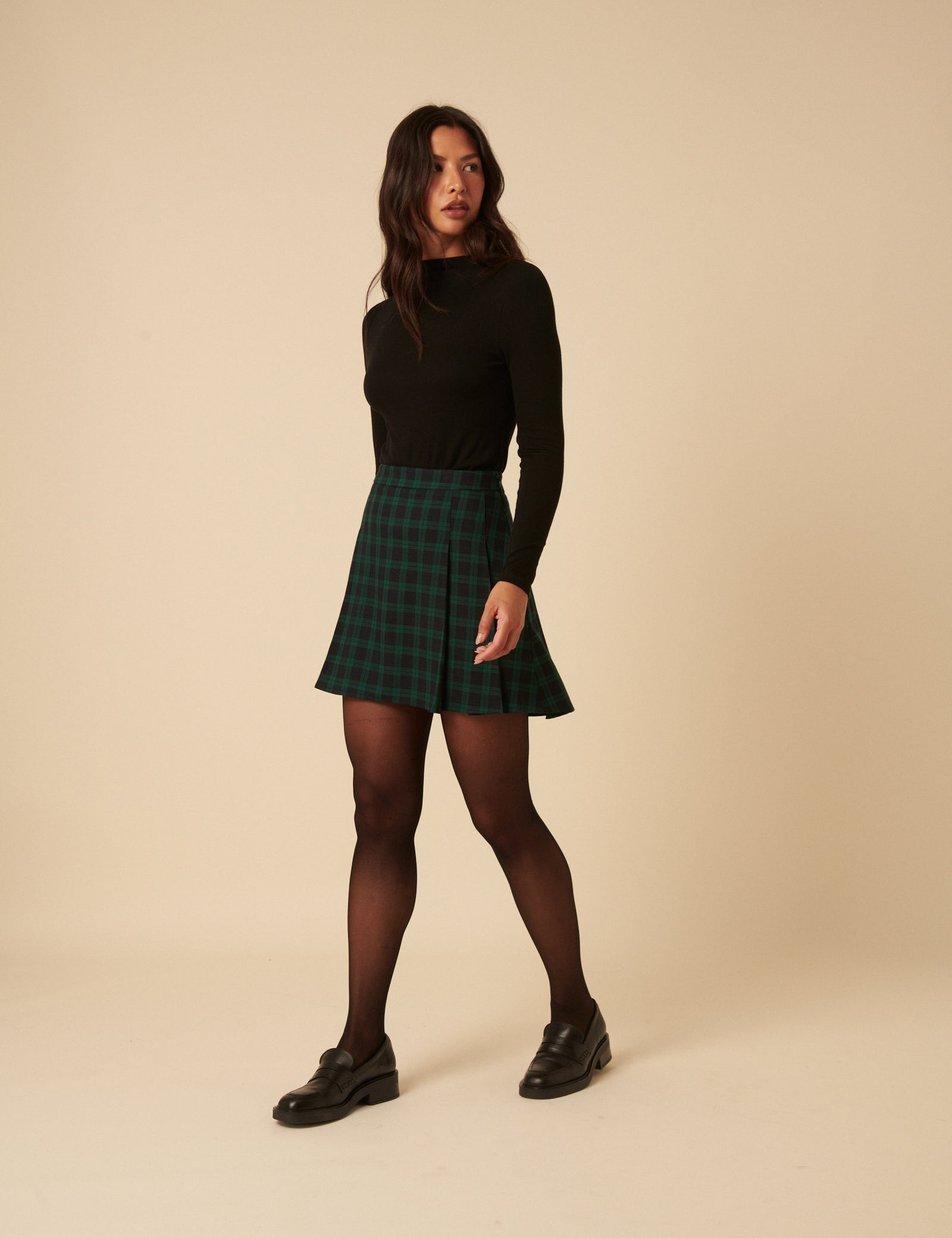 Dark Green Check Pleated Mini Skirt
