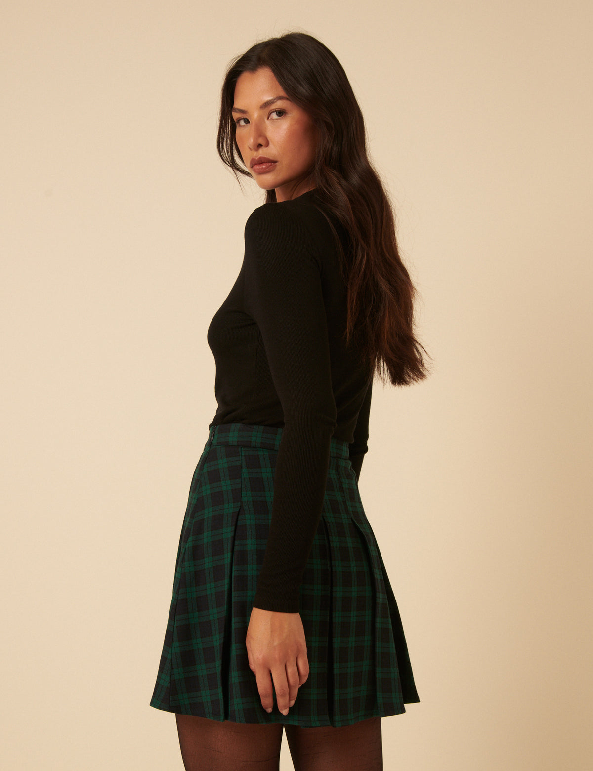 Green Check Jessie Pleated Mini Skirt