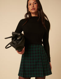 Green Check Pleated Mini Skirt