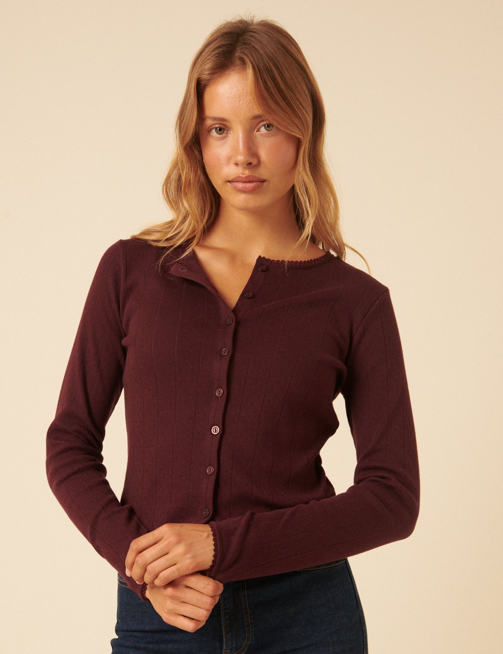 Burgundy Pointelle Cardigan