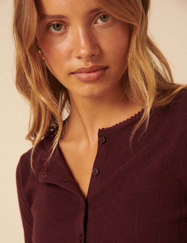Burgundy Pointelle Cardigan