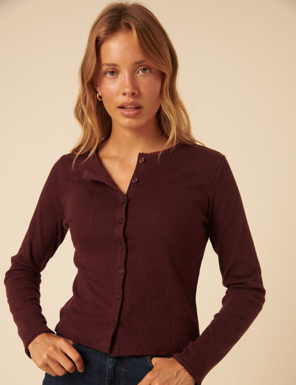 Burgundy Pointelle Cardigan