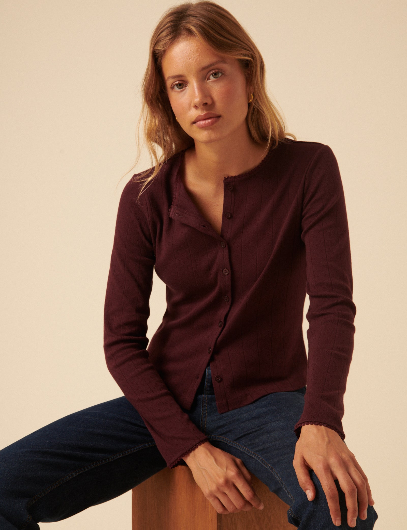 Burgundy Pointelle Cardigan