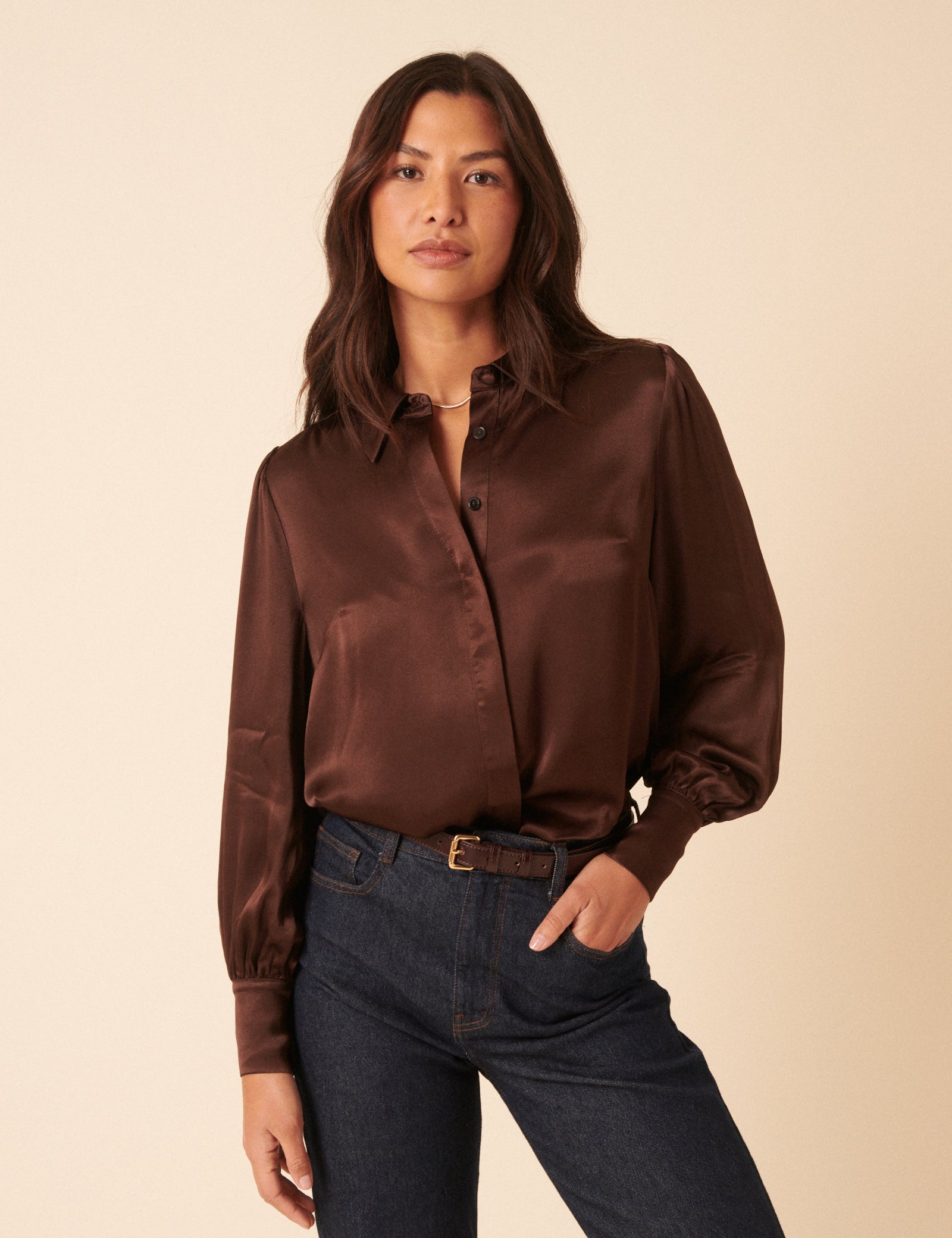 Brown Satin Balloon Sleeve Blouse Brown Satin Balloon Sleeve Blouse