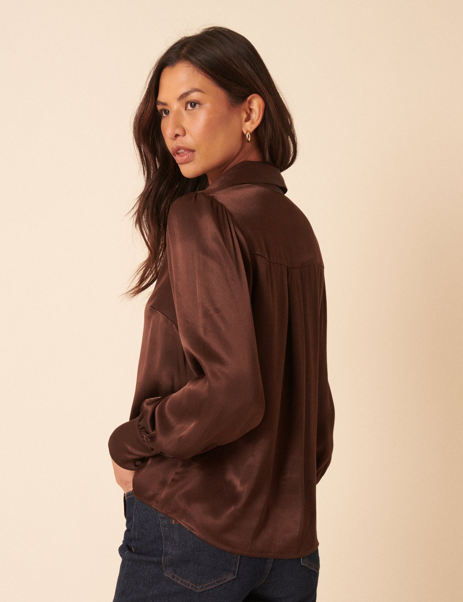 Brown Satin Balloon Sleeve Blouse