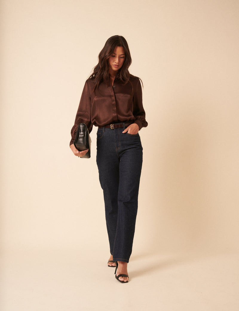 Brown Satin Balloon Sleeve Blouse