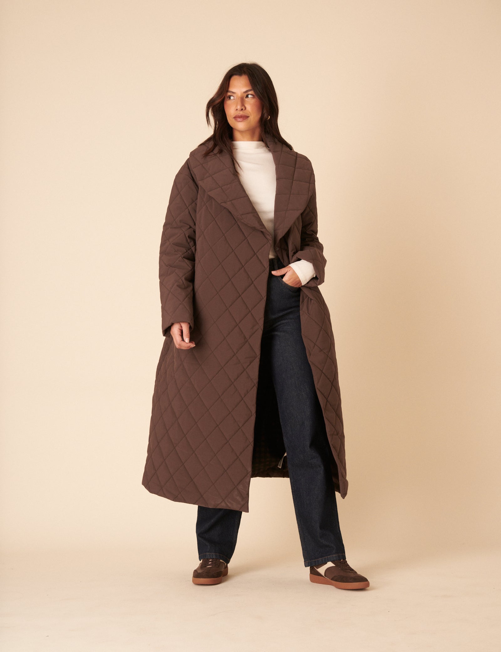 Brown Quilted Tie Belt Coat