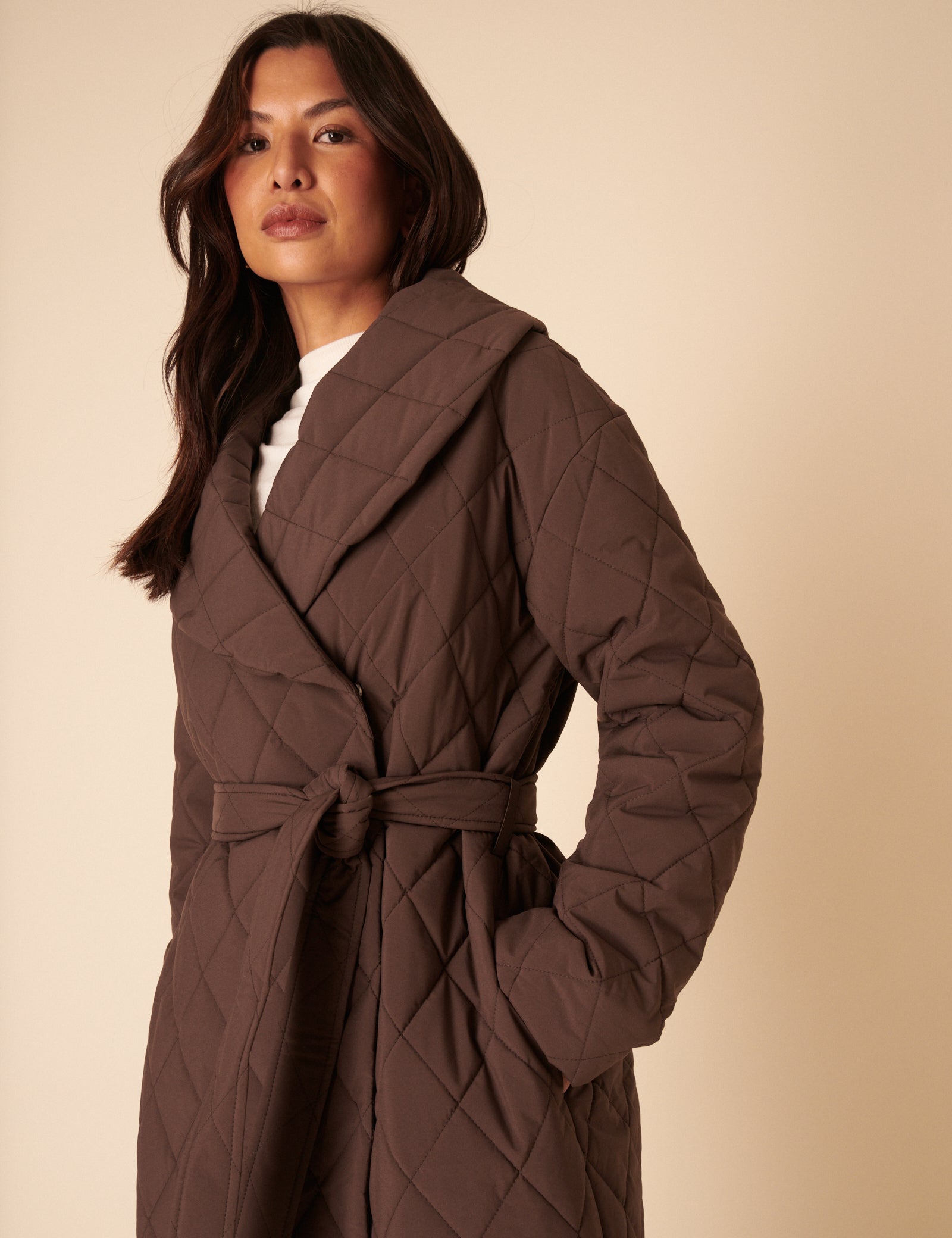 Brown Quilted Tie Belt Coat