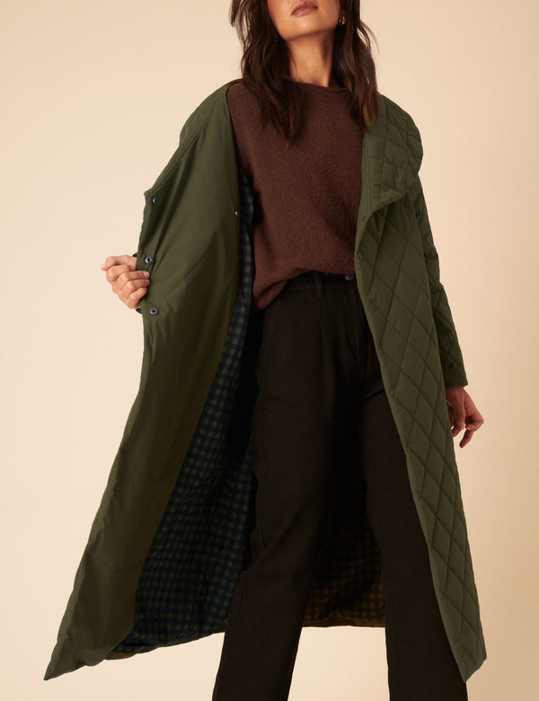 Green Quilted Tie Belt Coat