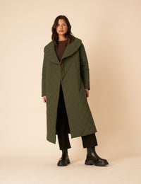 Green Quilted Tie Belt Coat