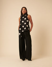 Black Polka Dot Tie Neck Top