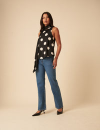 Black Polka Dot Tie Neck Top