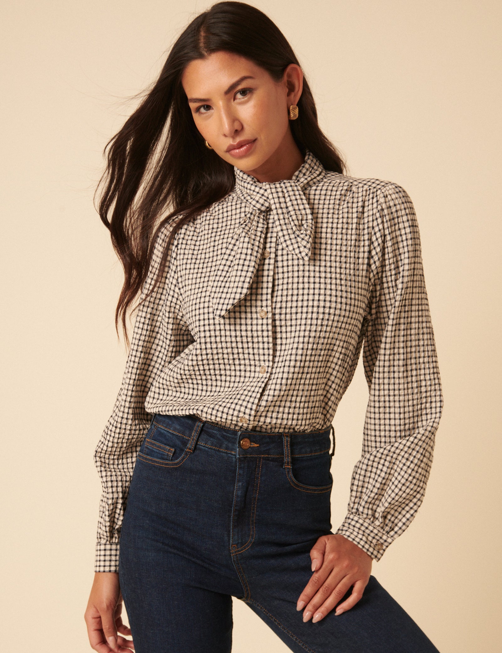 White Check Tie Neck Shirt