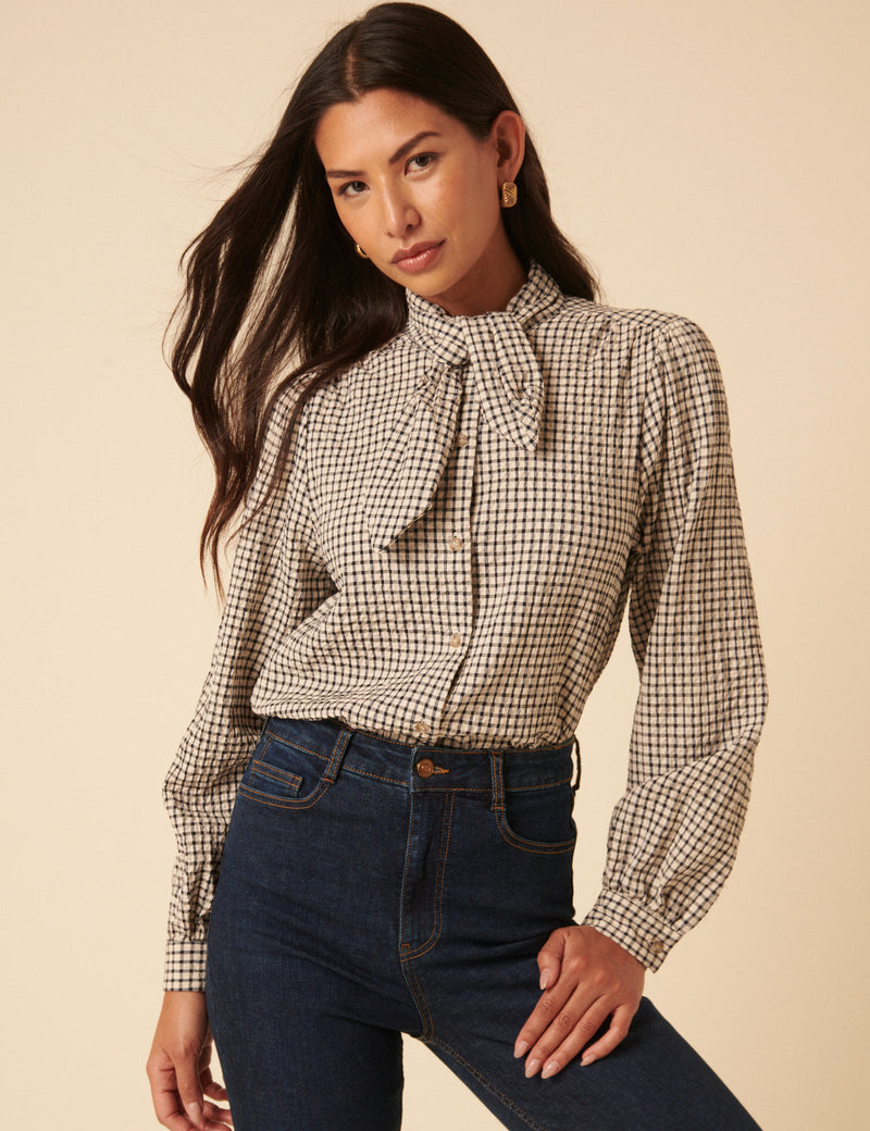 White Check Tie Neck Shirt