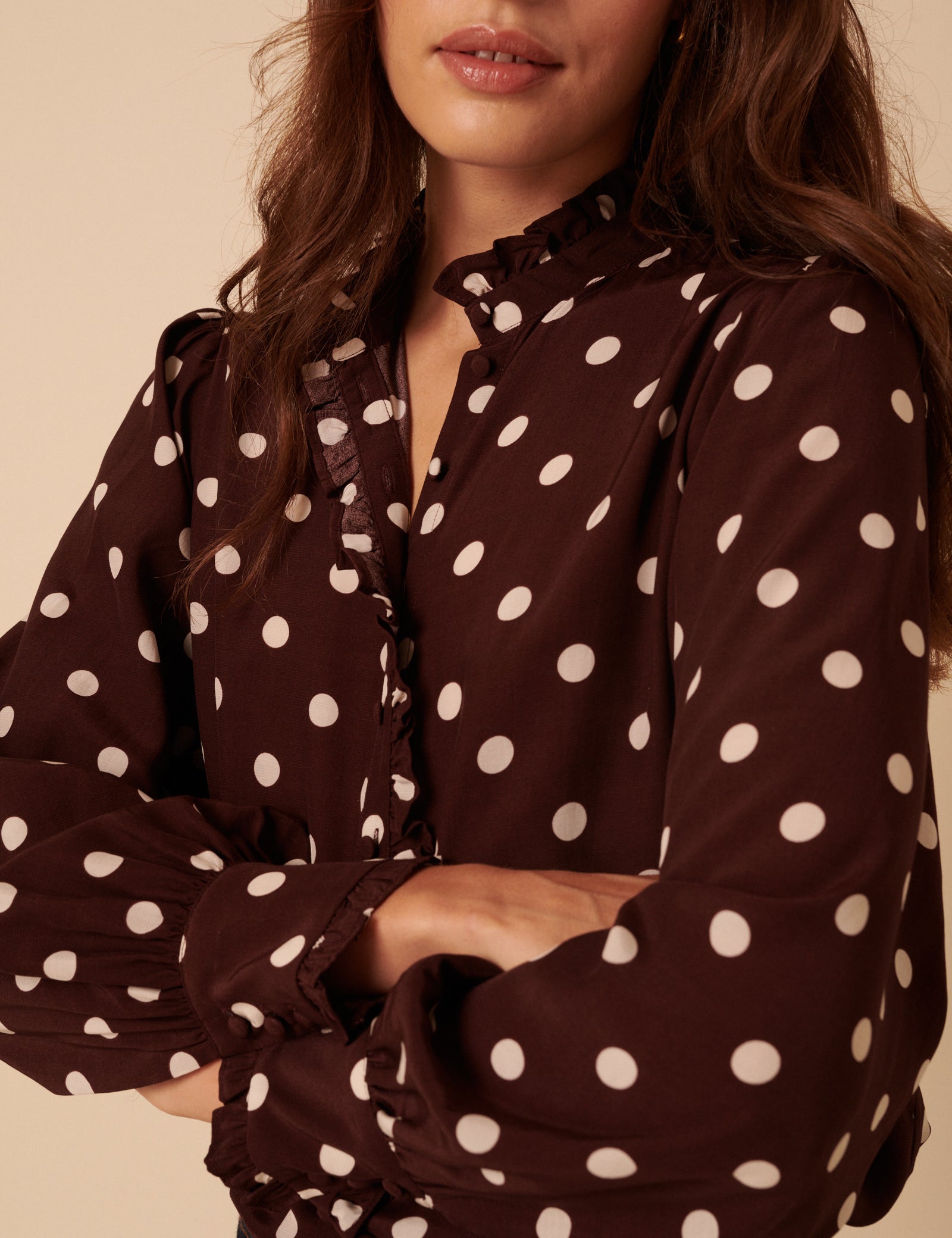 Burgundy Polka Dot Frill Blouse