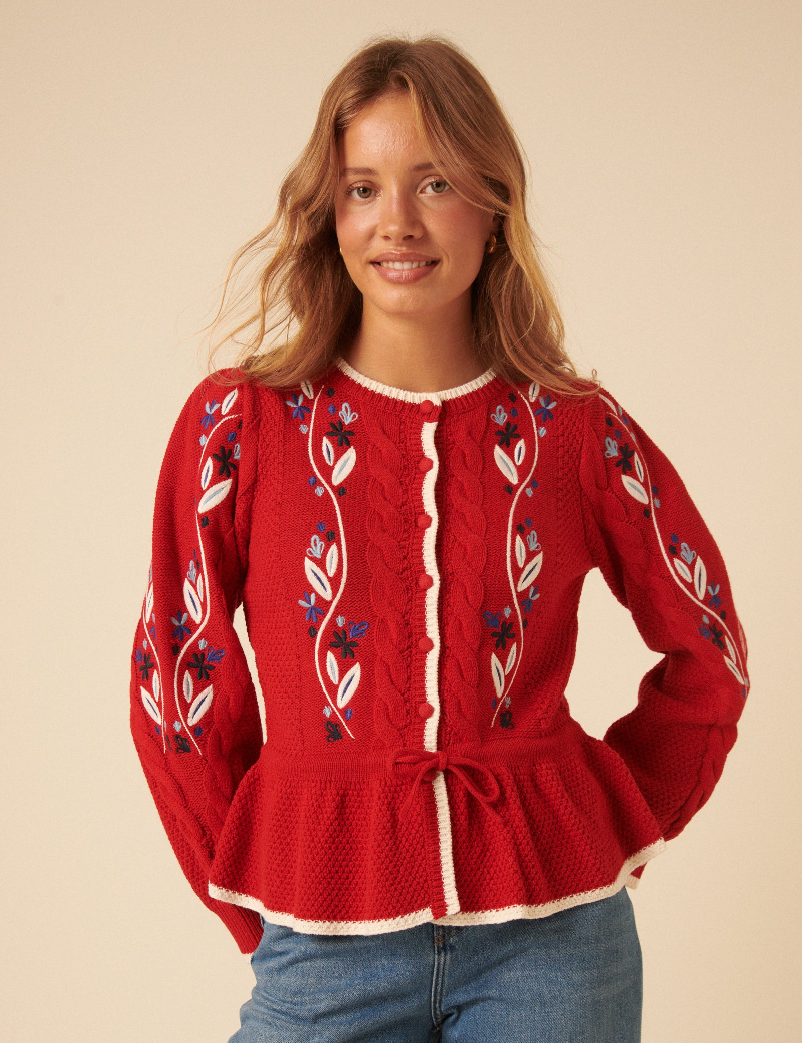 Red Floral Embroidered Cardigan