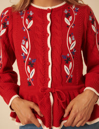 Red Floral Embroidered Cardigan