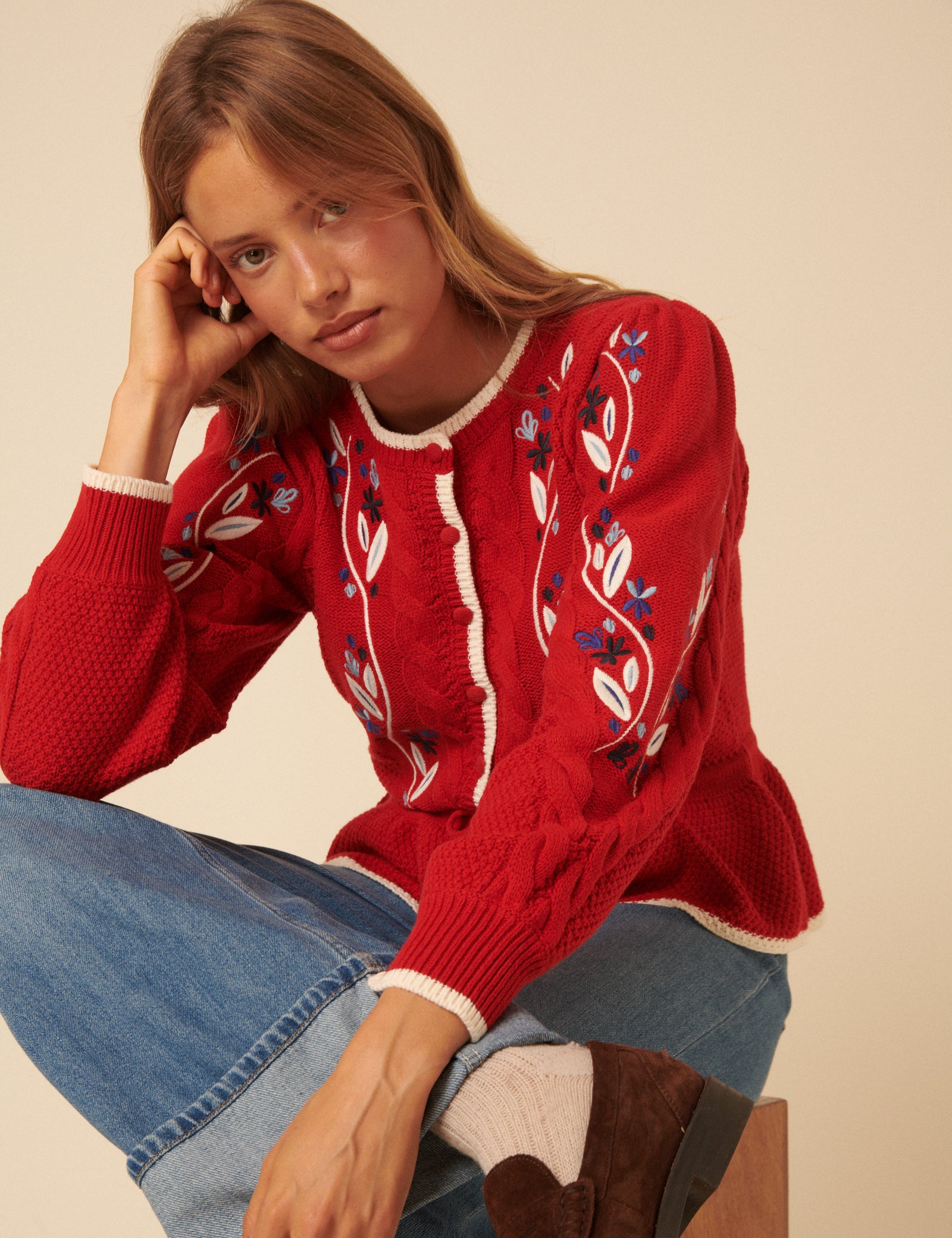 Red Floral Embroidered Cardigan