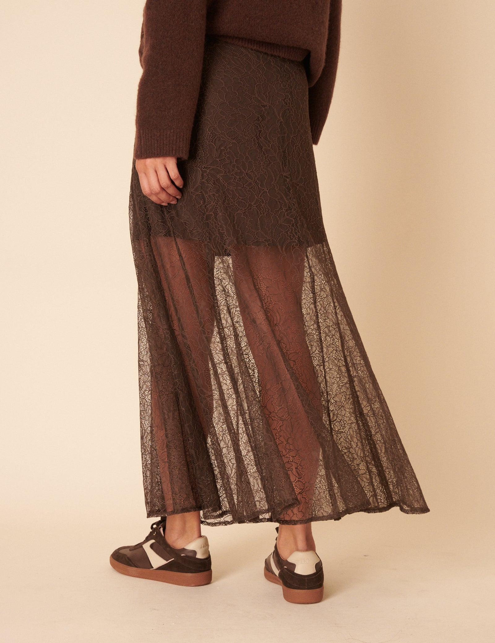 Brown Lace Midi Skirt
