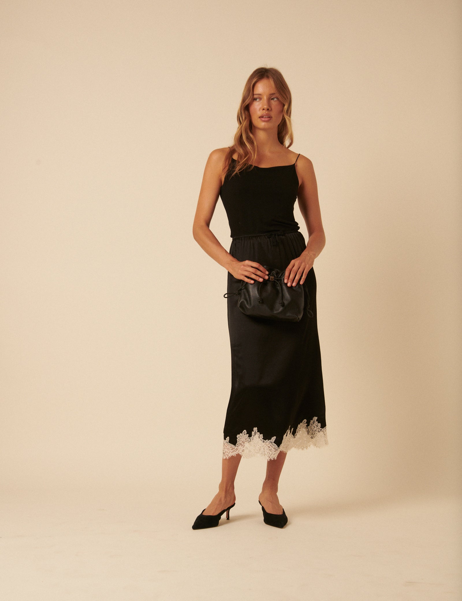 Black Lace Trim Satin Midi Skirt | Nobody's Child Black Lace Trim Satin Midi Skirt | Nobody's Child