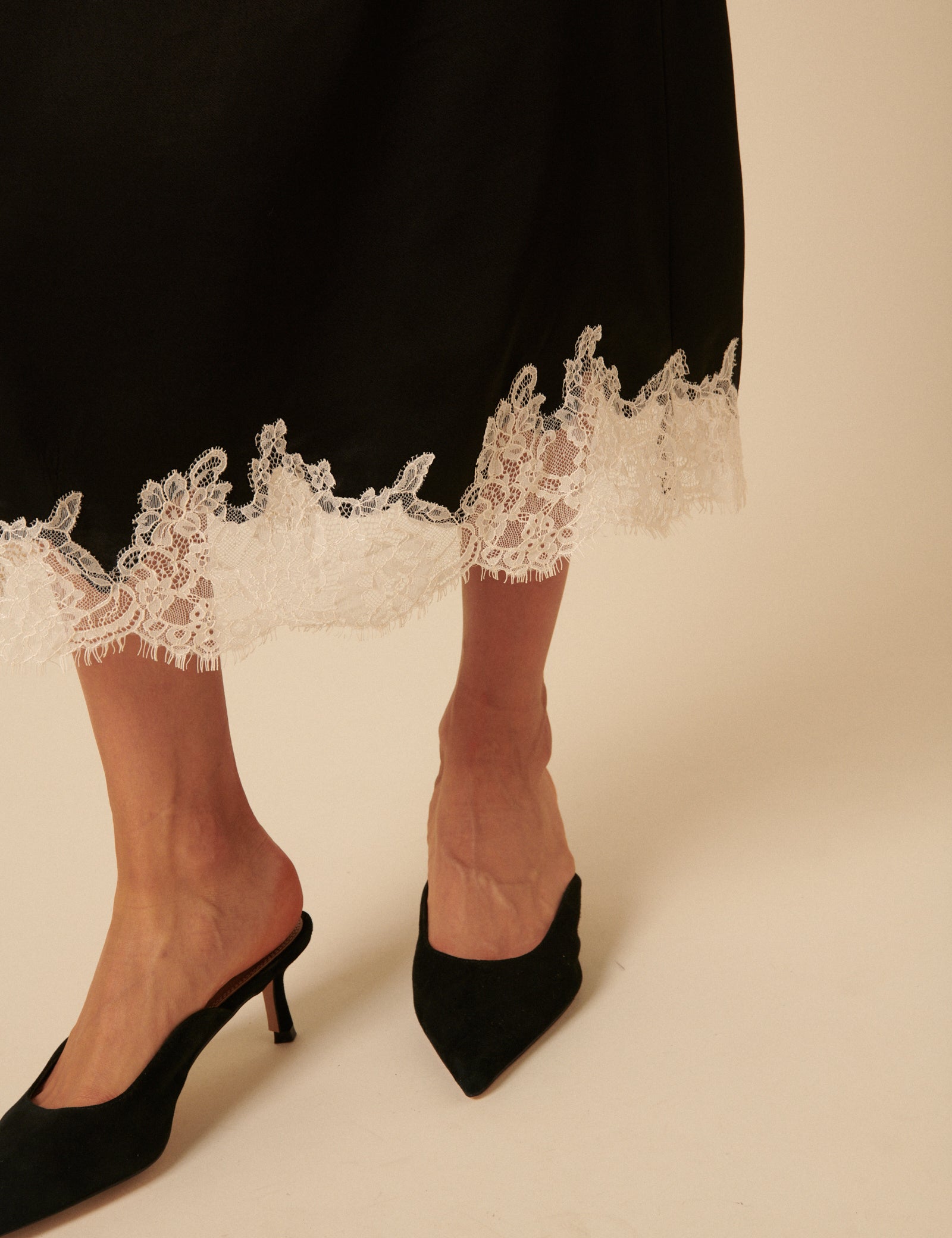 Black Lace Trim Satin Midi Skirt