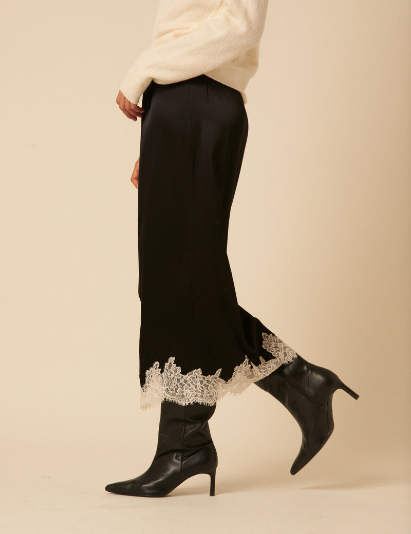 Black Lace Trim Satin Midi Skirt