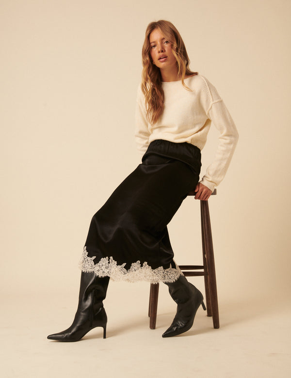 Black Lace Trim Satin Midi Skirt