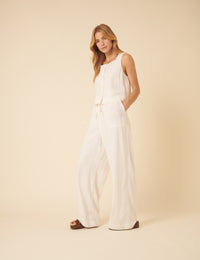 White Linen-blend Button Down Swing Top