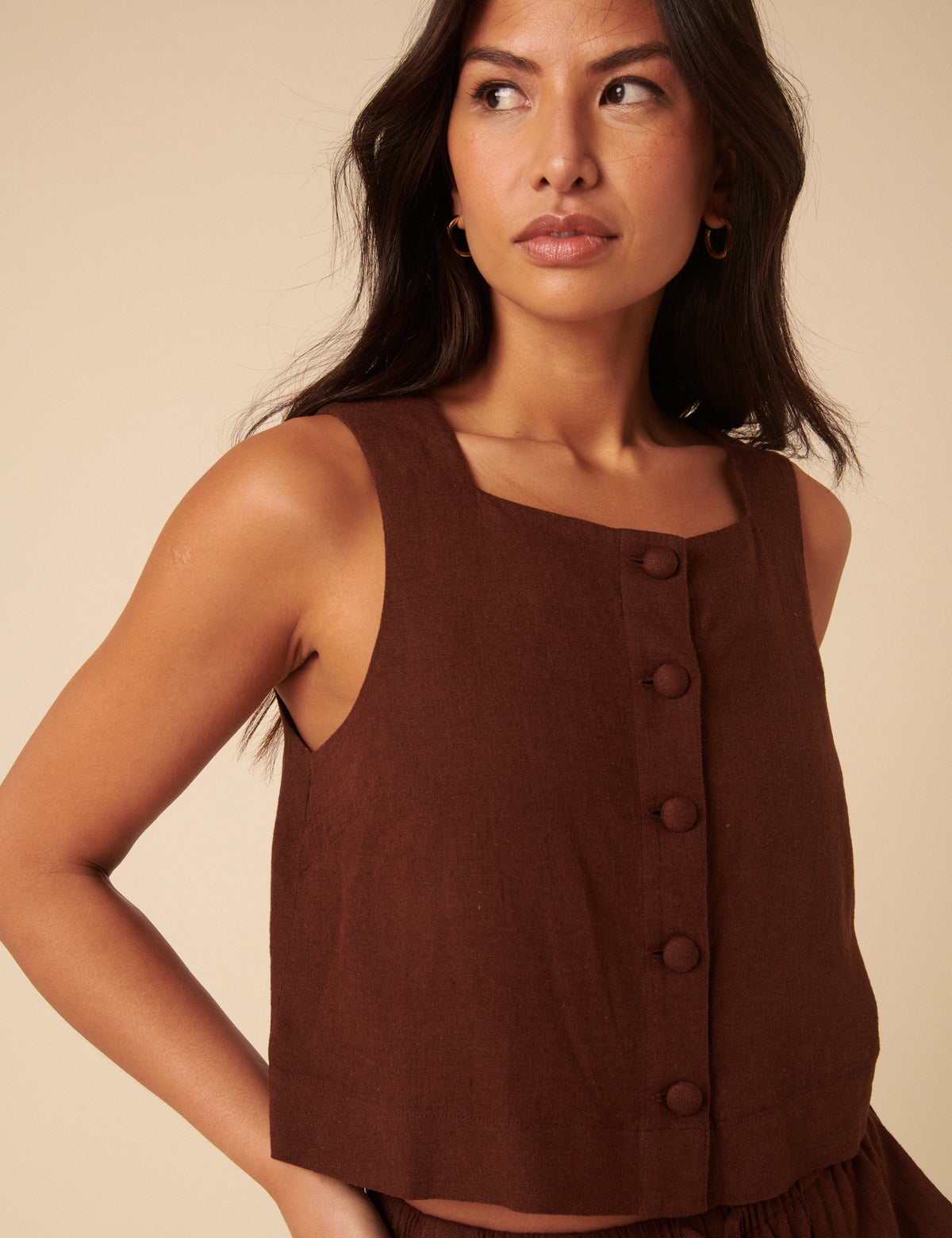Brown Linen-Blend Button Front Top
