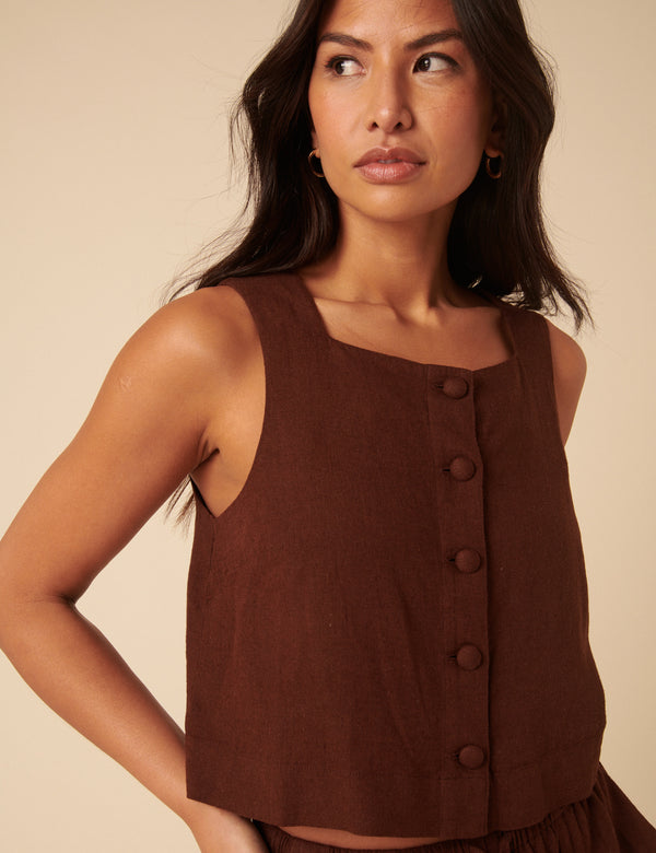 Brown Linen-blend Button Down Swing Top